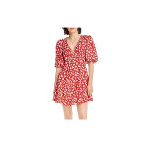 LINI Womens Red Printed Pouf V Neck Above The Knee Fit + Flare Dress Size: XS